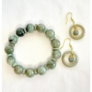 Natural Jade Bracelet & Jade Hoop Earrings 1.75 Dangle Set